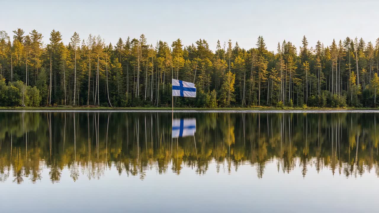 Fluttering Finnish flag on pole responding to gentle breeze at pine lakeshore, mirrored reflection