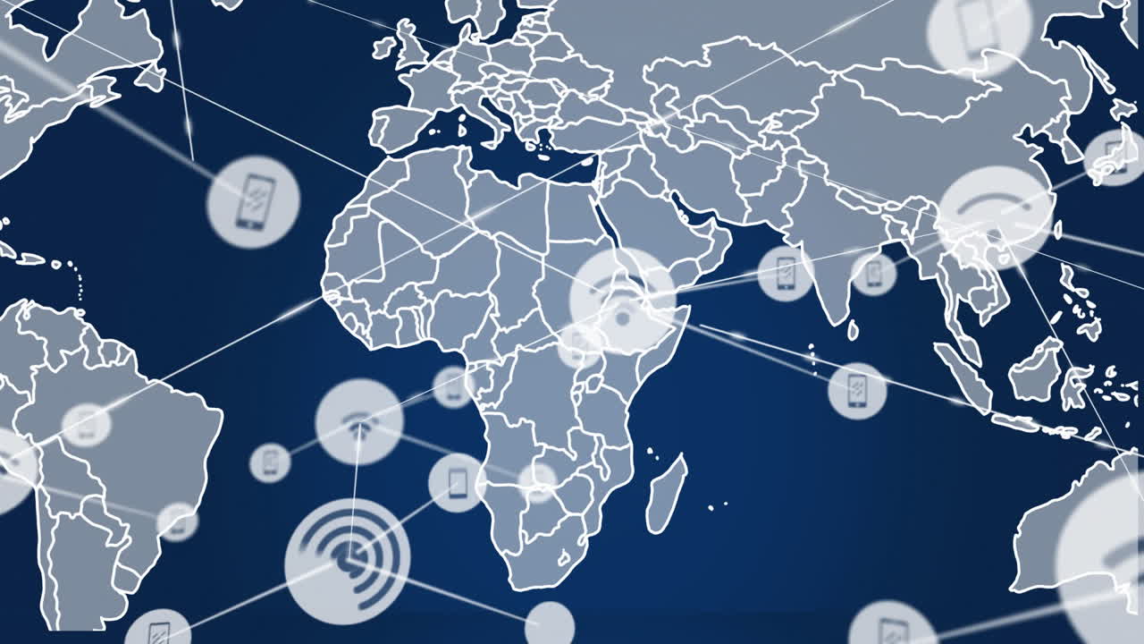 Animation of network of connections with icons over world map on blue background