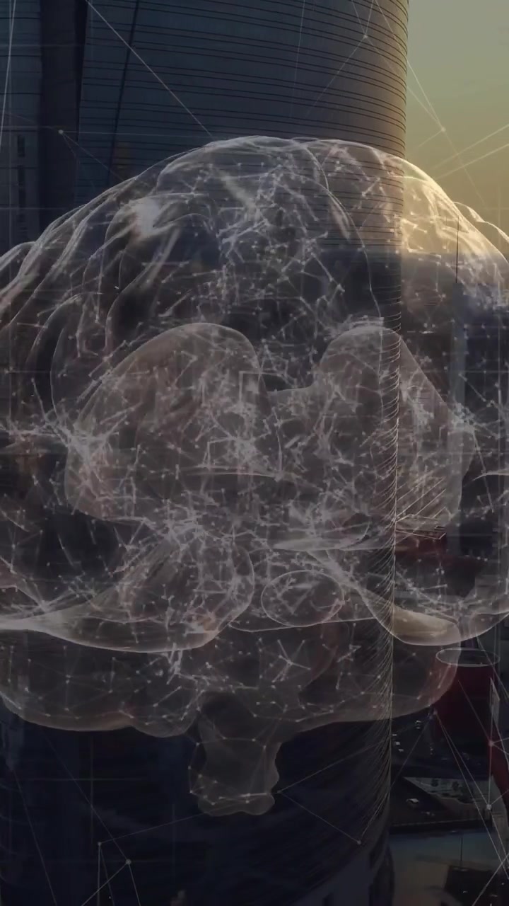 Video verticale: Scintille al crepuscolo con un cervello olografico 3D che appare, ruota e pulsa sopra lo skyline, mostrando una rete.