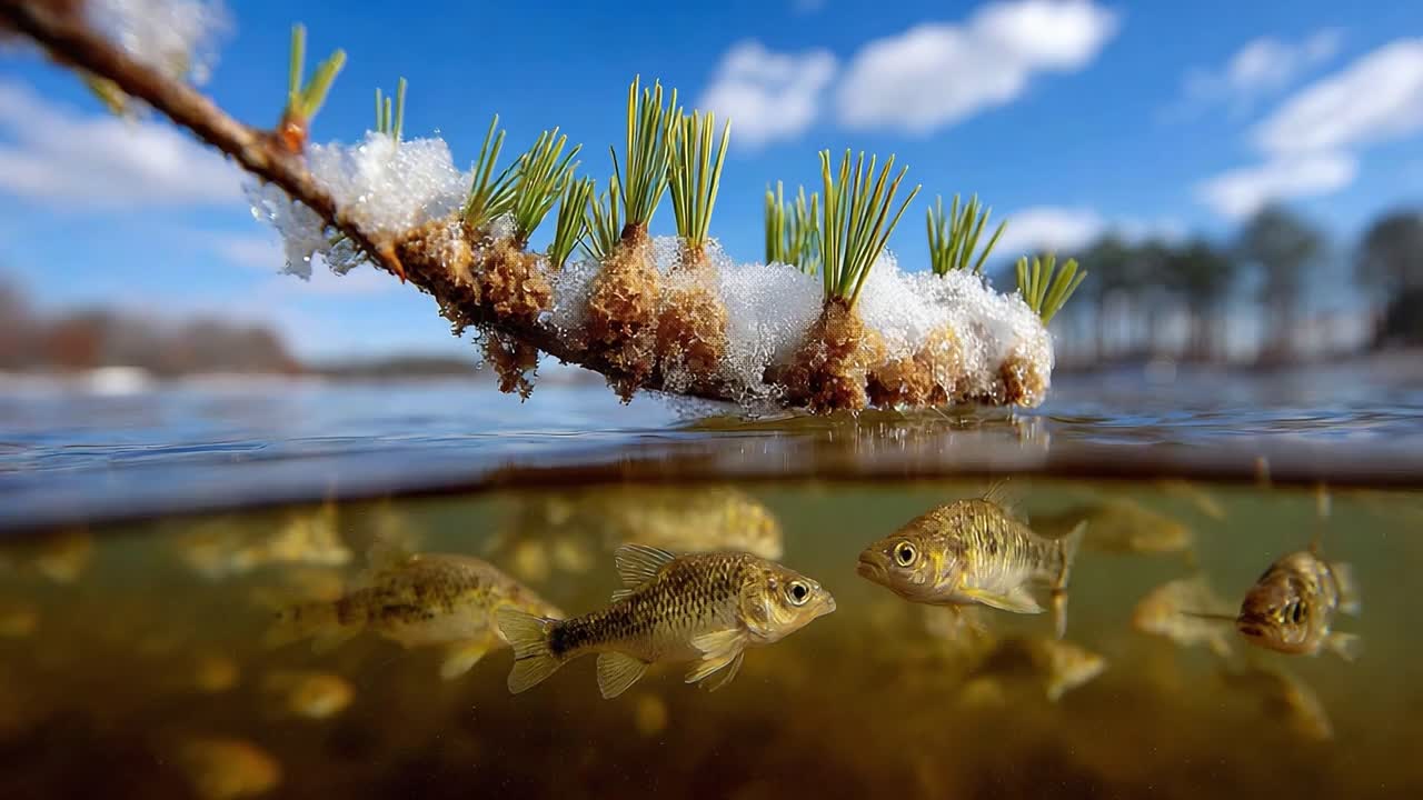 Captivating Underwater Scene: Golden Fish Swim Beneath a Snow-Dusted Pine Branch Under a Bright Blue Sky with Soft Clouds