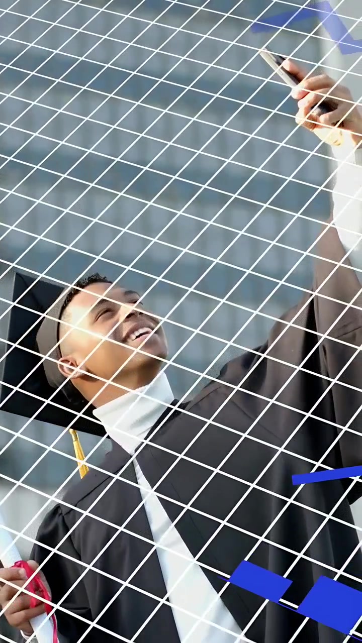 Vertical video: Male grad raising phone, taking selfie while blue bars animating around phone edu