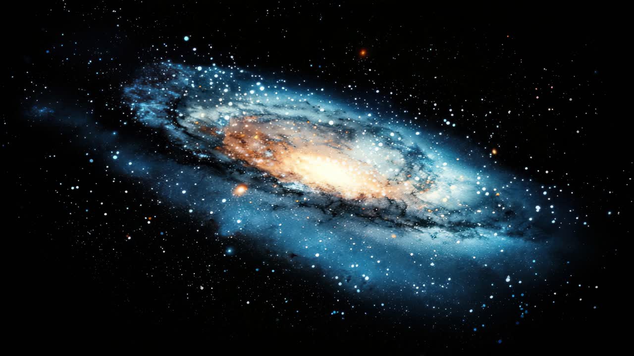 Una vista mozzafiato dall'alto di una galassia a spirale, che mostra blu e bianchi vibranti