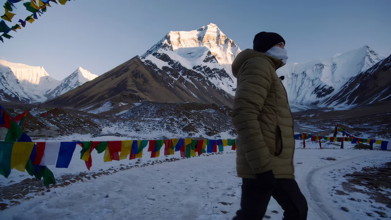 Hiker at the Foot of a Snowy Mountain Range with Prayer Flags