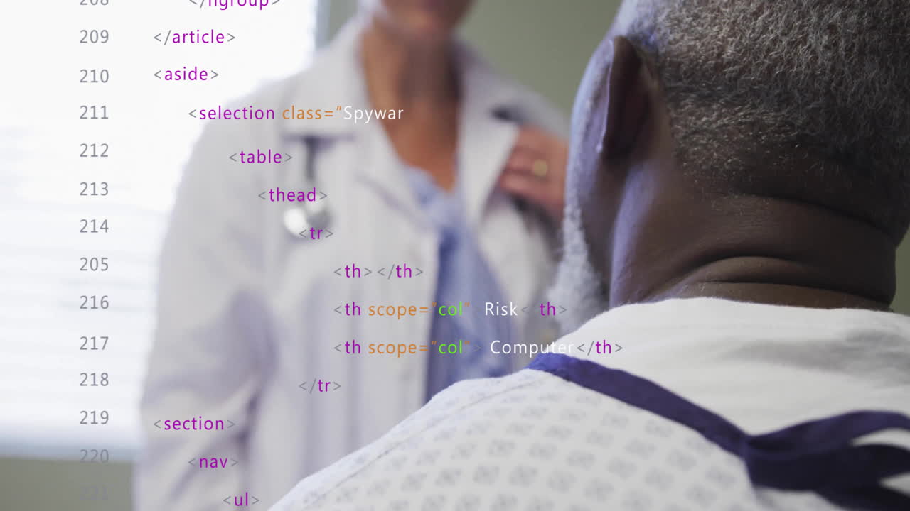 Animation of data processing over biracial male patient talking with doctor