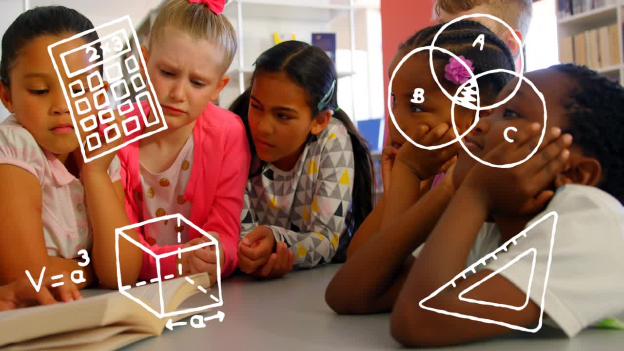 Six children sitting library table studying book, math icons appearing above page, teacher guiding