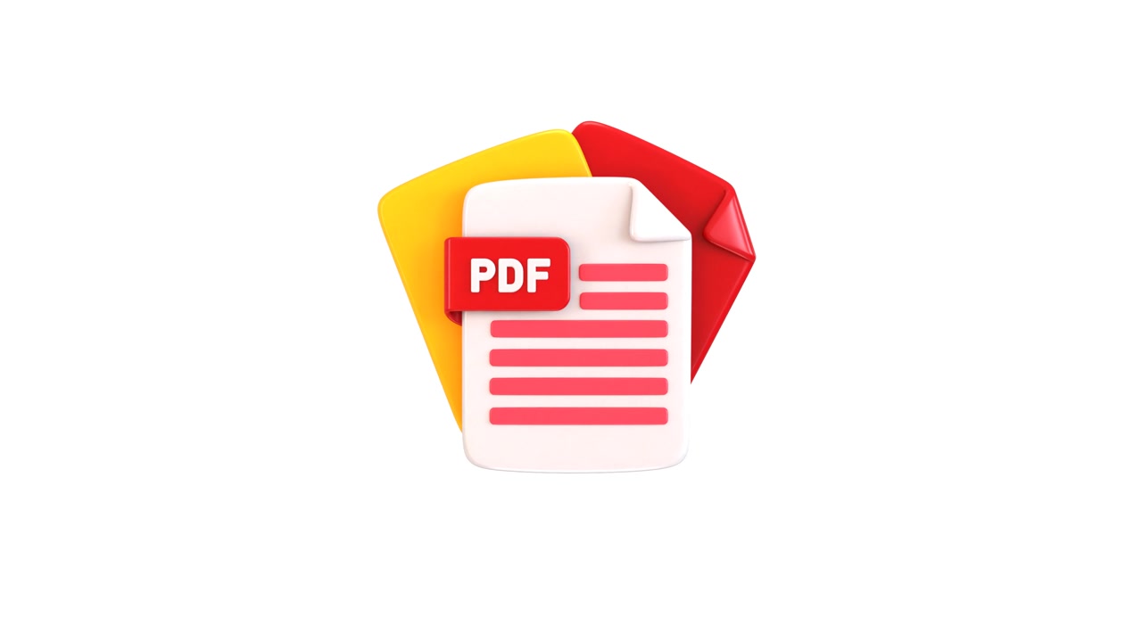 Animazione 3D di un'icona di documento PDF con cartelle