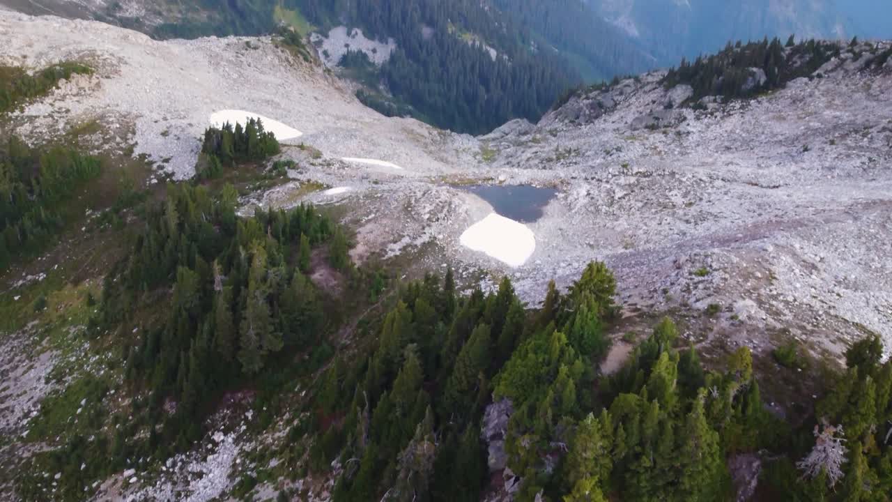 Slow Tilting Up Aerial Drone Shot with Pine Trees and Small Lake with Rugged Mountain Terrain in Background on Mount Brew Canada BC 4K