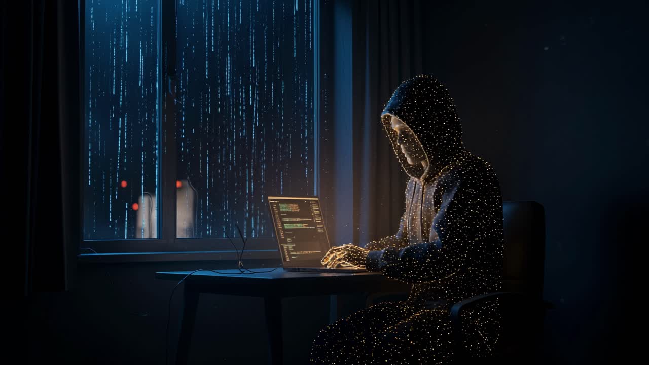In a dimly lit room at night, a cyber hacker intensely focuses on glowing lines of code as they work to break through encryption barriers