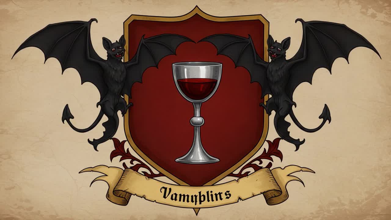 A Captivating Illustration of Vampiric Creatures Flanking a Goblet on a Richly Colored Shield, Perfect for a Fantasy-Themed Setting or Event