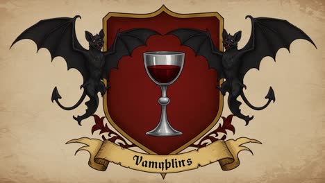 A Captivating Illustration of Vampiric Creatures Flanking a Goblet on a Richly Colored Shield, Perfect for a Fantasy-Themed Setting or Event