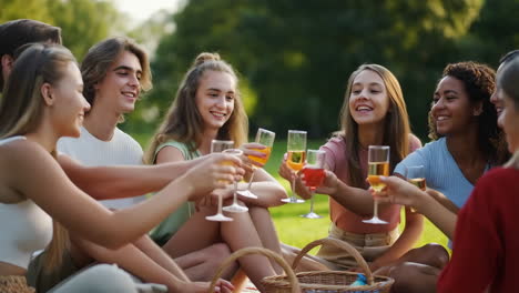 young friends celebrating with a toast at a picnic in the park
