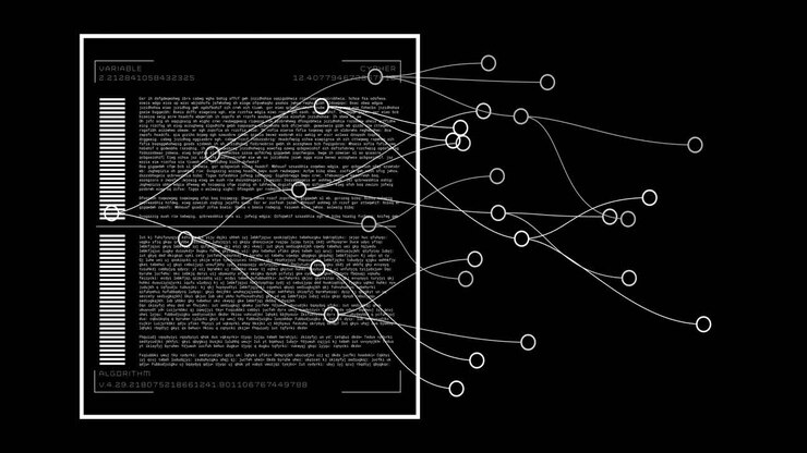 Animation of interconnected nodes over text and barcode elements for data processing