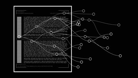 Animation of interconnected nodes over text and barcode elements for data processing