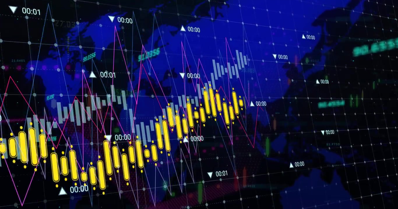 Animazione di più grafici con numeri variabili su un motivo a griglia e una mappa su sfondo nero.