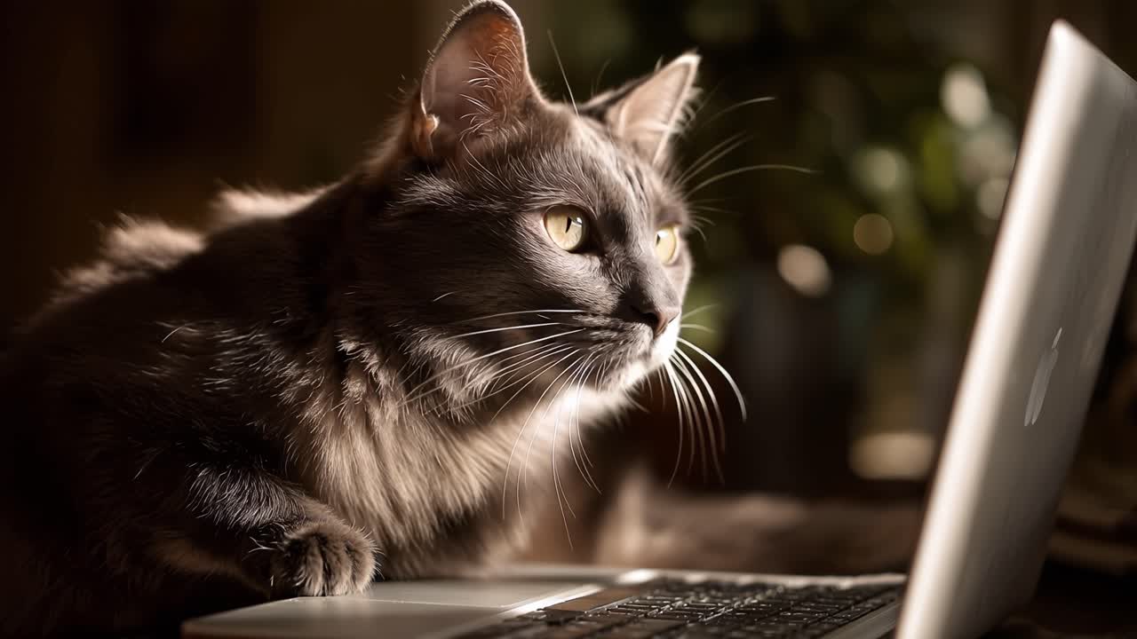 Un gatto grigio e peloso appollaiato accanto allo schermo del laptop. Gli occhi brillano di curiosità mentre osserva il mondo digitale. Le zampe riposano leggermente sui tasti della tastiera. Il gatto sposta il peso, inclina la testa, le orecchie si muovono attentamente.