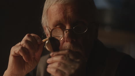 older passionate man evaluates an old watch in his office at night