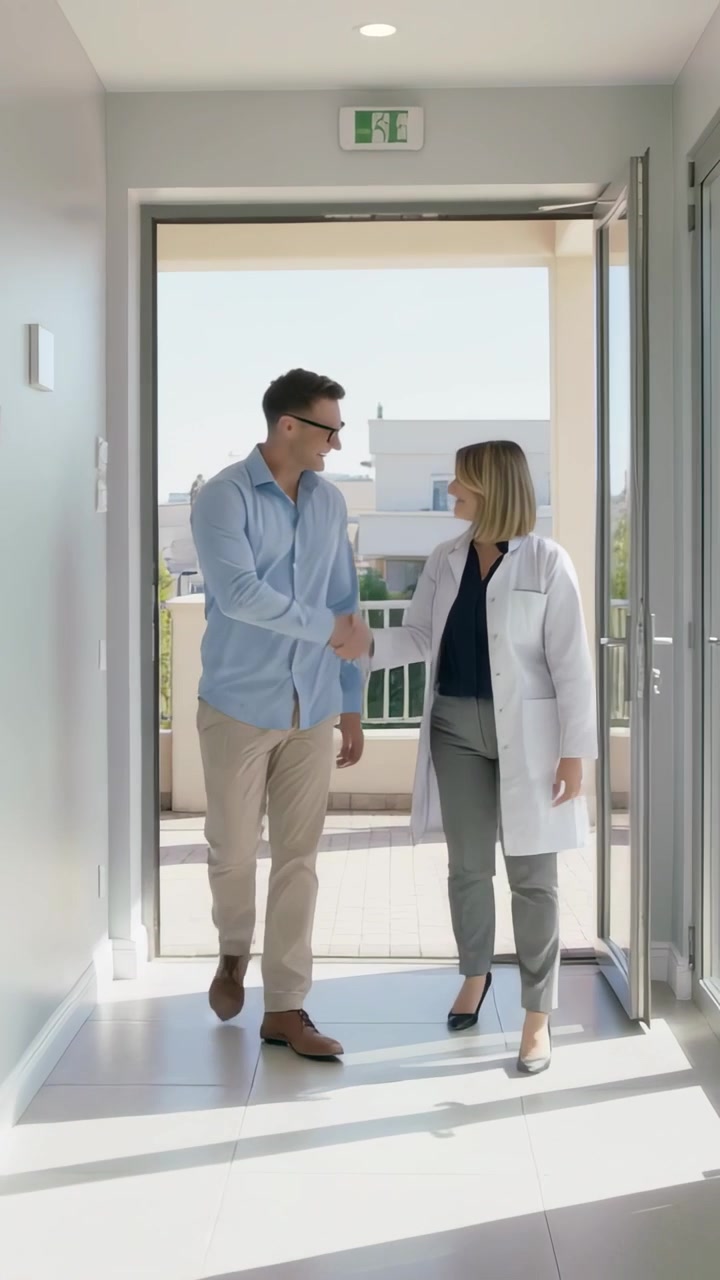 Video vertical: Doctor entrando con bata de laboratorio y hombre con gafas estrechando manos en la puerta de la clínica saludando