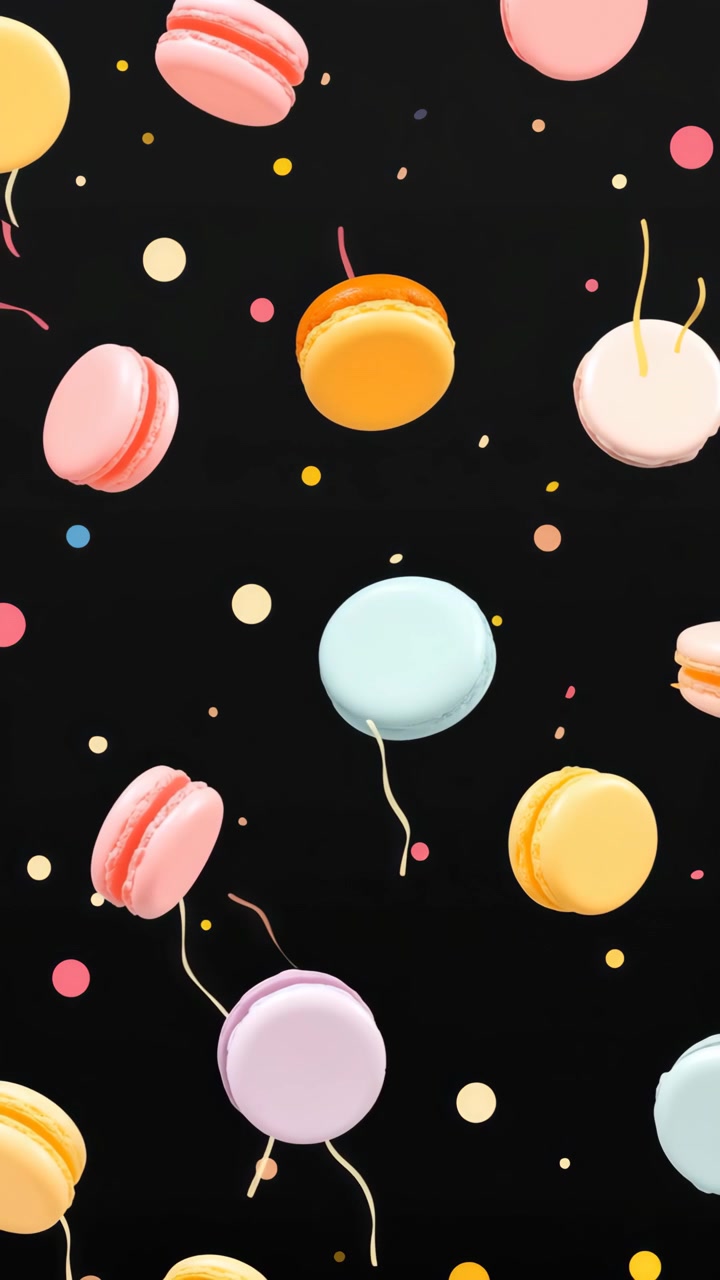 Macarons colorati che fluttuano come palloncini su uno sfondo nero