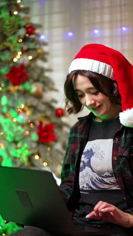 positive girl in red santa cap works on her laptop. lady in santa cap sits at home using internet. christmas tree and lights at backdrop. vertical video.