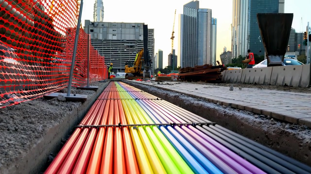 Tubos Coloridos como Arco-Íris Dispostos em uma Vala em um Canteiro de Obras Urbano