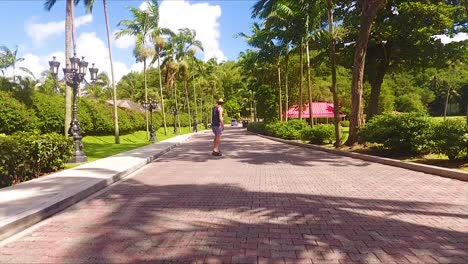 a man rides a skateboard down a brick driveway on a tropical caribbean island