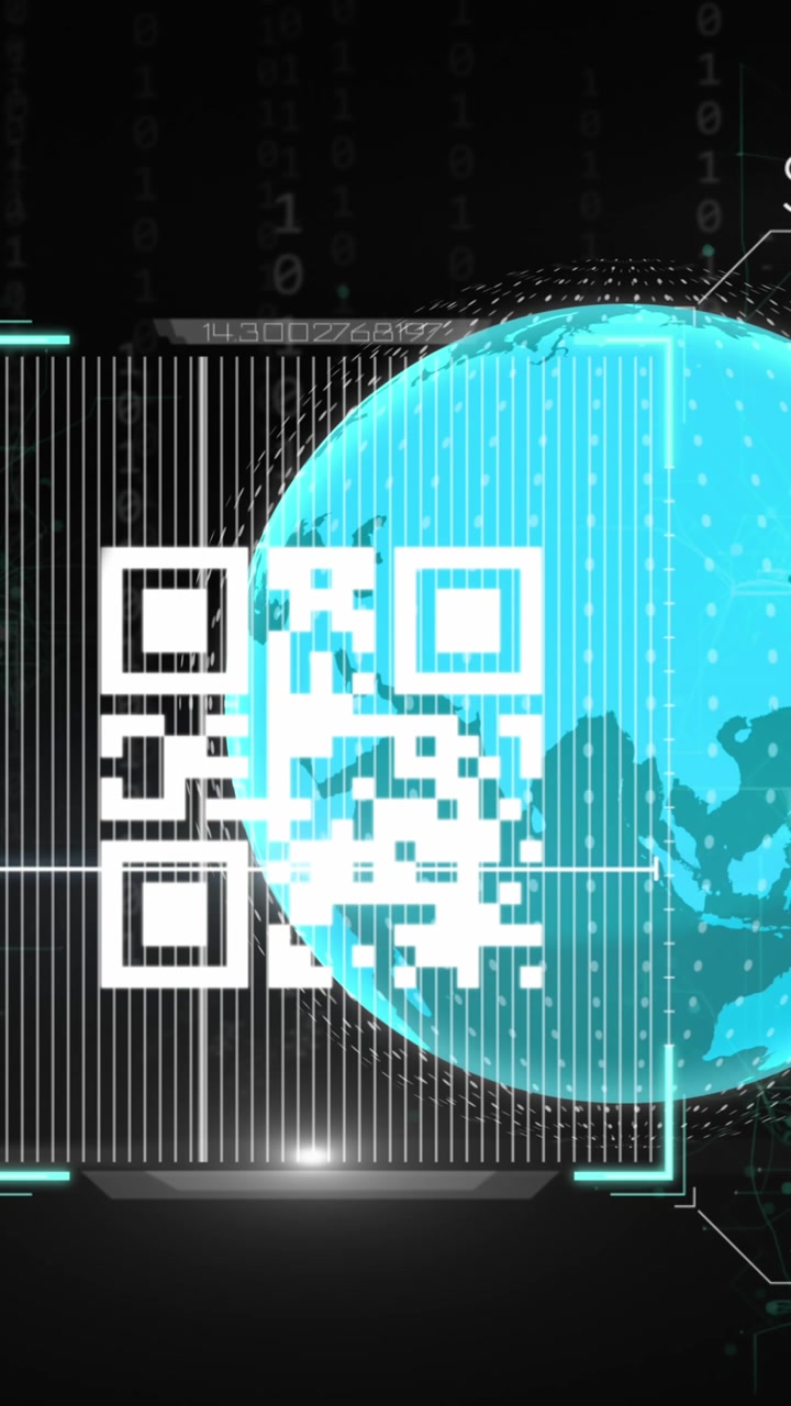 Animation of globe with qr code, icons and data processing