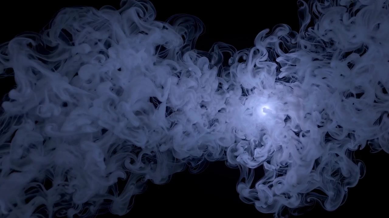 Fumo blu astratto che scorre con luce brillante su sfondo nero.