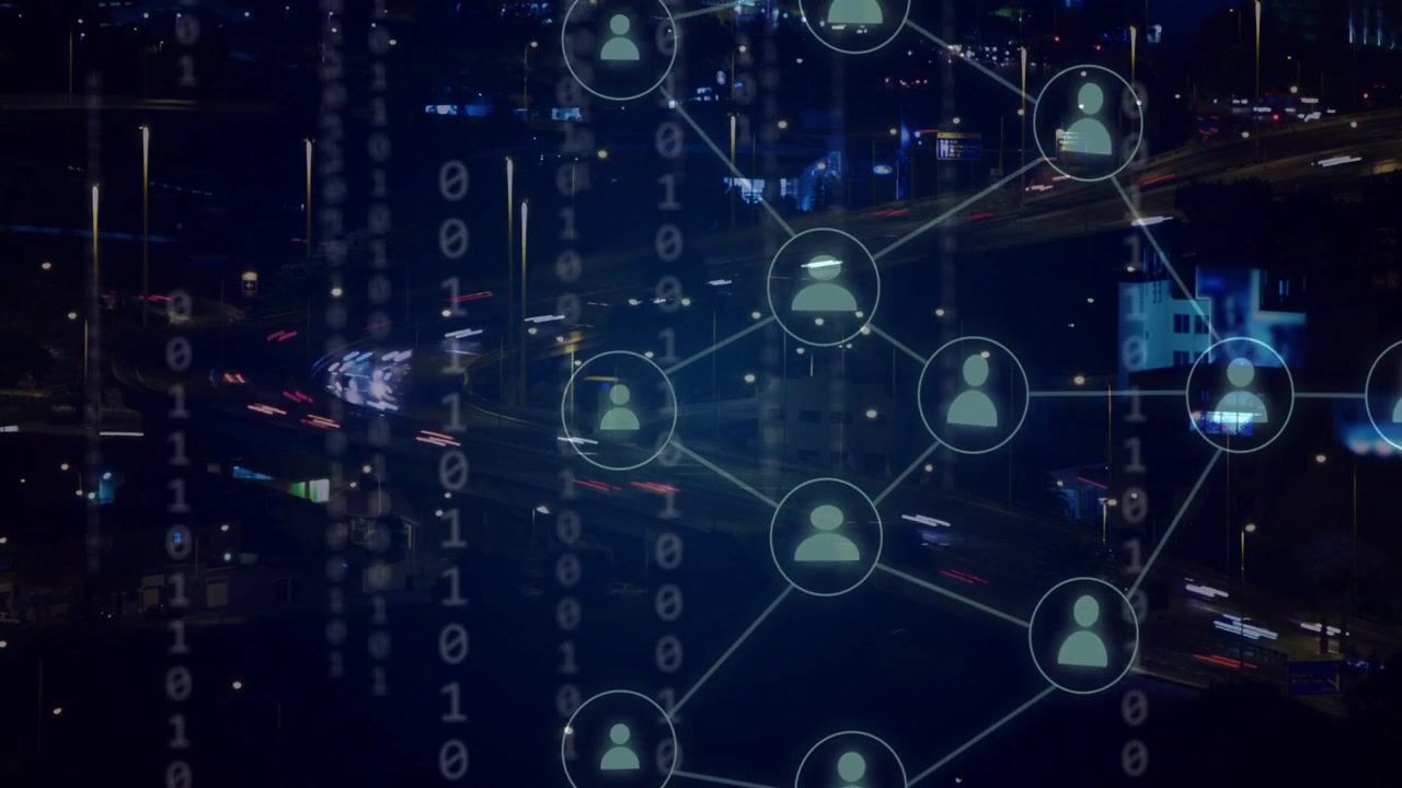 Binary digits falling, user icons linking and pulsing, visualizing network flow over highway lights