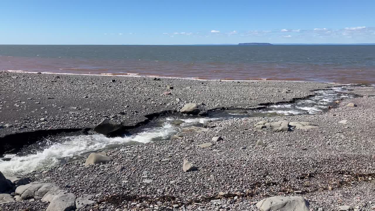Coastal erosion as freshwater river flows into Atlantic Ocean saltwater after rain storm