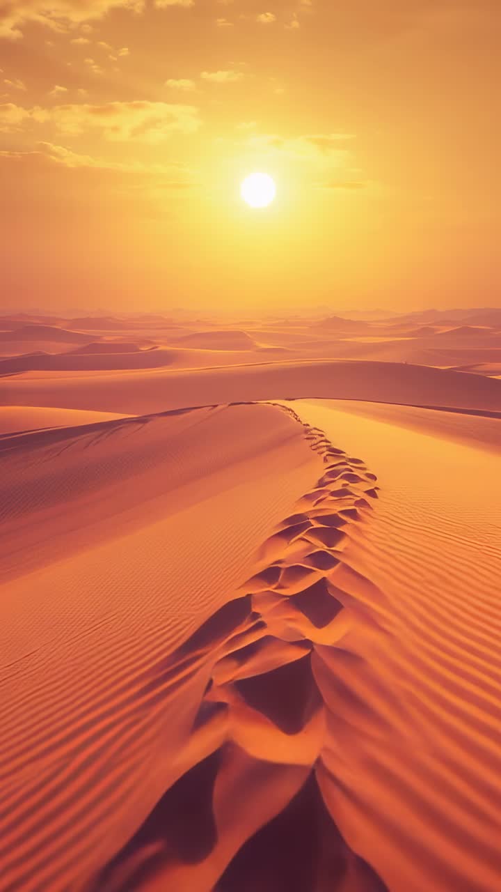 Vertical video: Panning camera moving along dune ridge in desert, showing footprints and rising sun