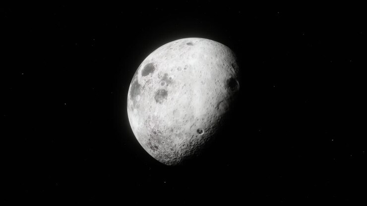 A Vista da Lua Revelando o Planeta Terra na Meia Lua com Rotação e Movimento Lentos e Constantes