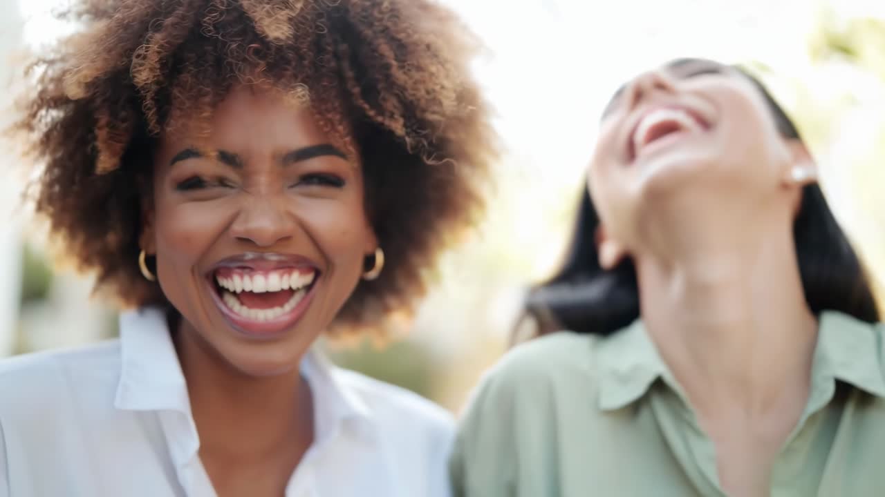 Fotograma de video en primer plano de dos mujeres riendo alegremente, capturado desde un ángulo frontal.