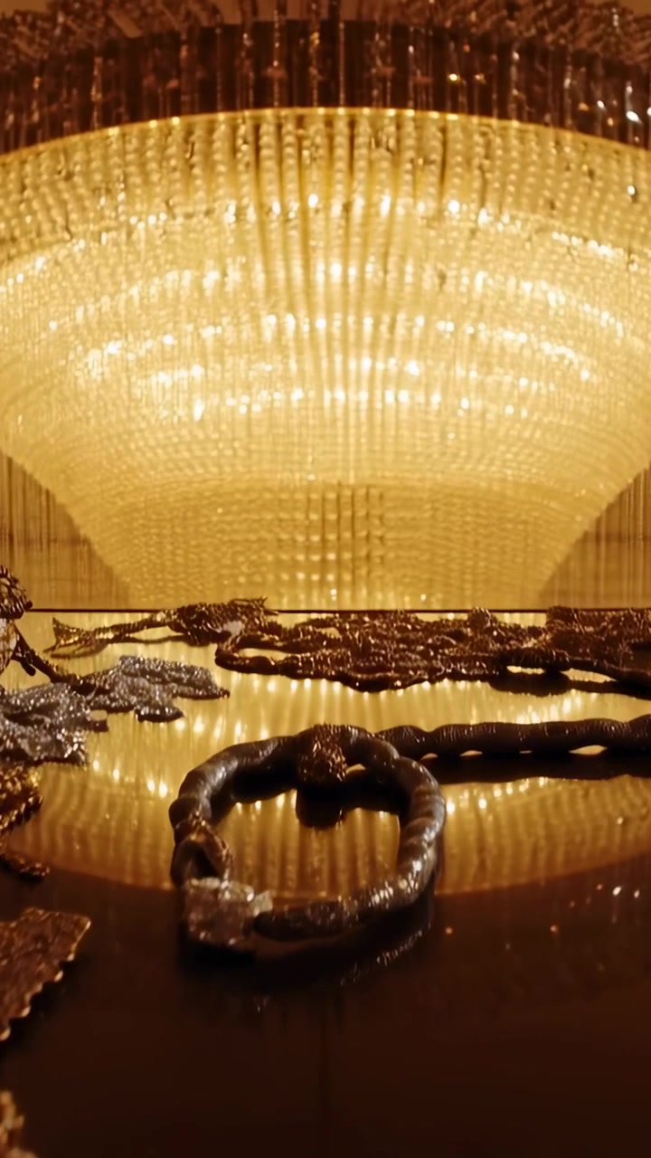 Vertikales Video: Kamera neigt sich vom Tisch, zeigt gewundenen Ring, Ketten und Kronleuchterglanz in der Lobby.