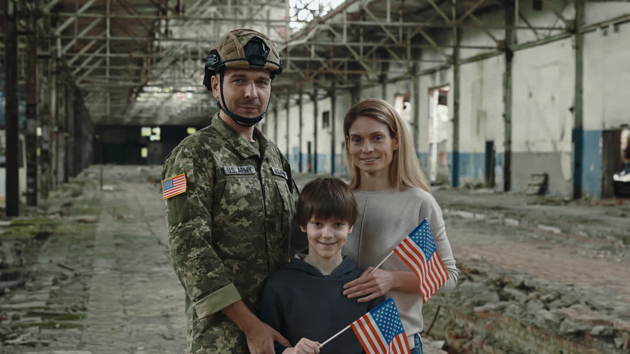 Military Family Portrait in a Ruined Building