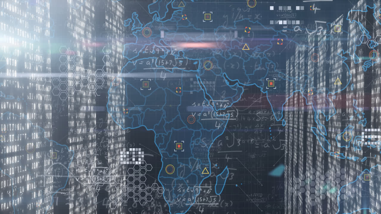 animación de ecuaciones matemáticas sobre el mapa del mundo y múltiples pantallas de cuadrados de mosaico