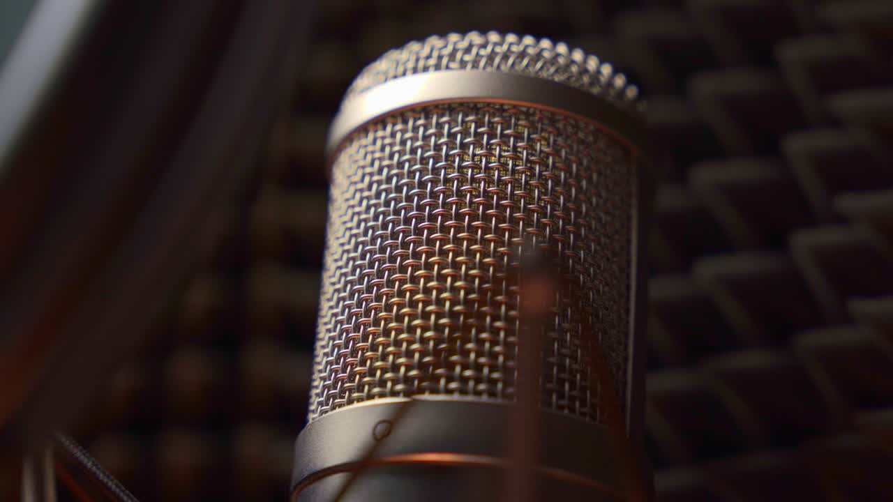 Close-up of a studio microphone with pop protection and sound screen around it