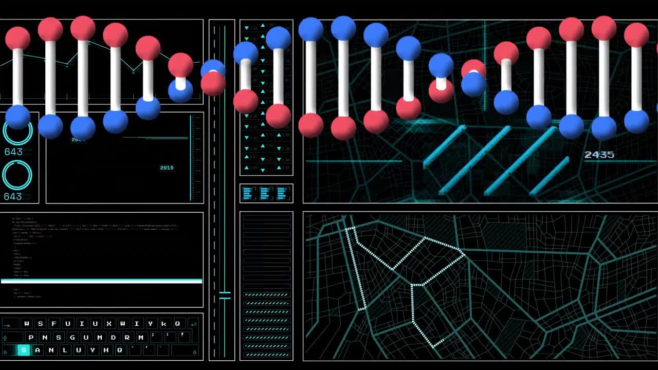 Digital animation of data processing against microprocessor connections on black background