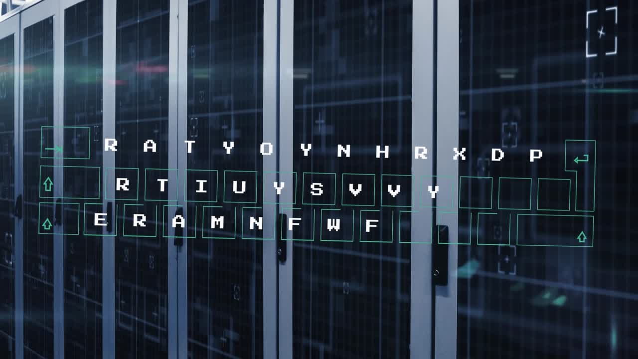 Animation of virtual keyboard and light spot against computer server room