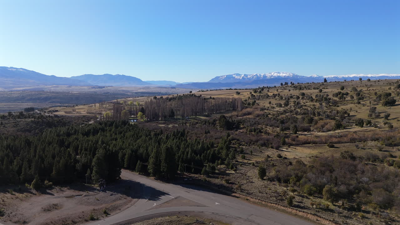 Establishing drone shot of Road 71 in the day in Trevelin, Patagonia, Argentina