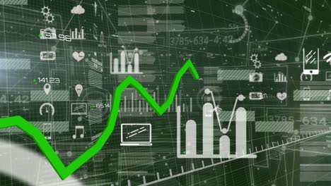 animation of green line, icons and financial data processing