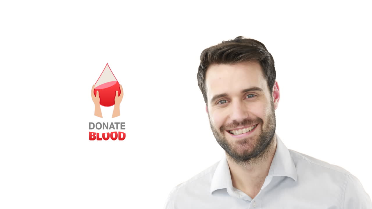 Animation of donate blood text in red with blood drop and smiling caucasian man on white background