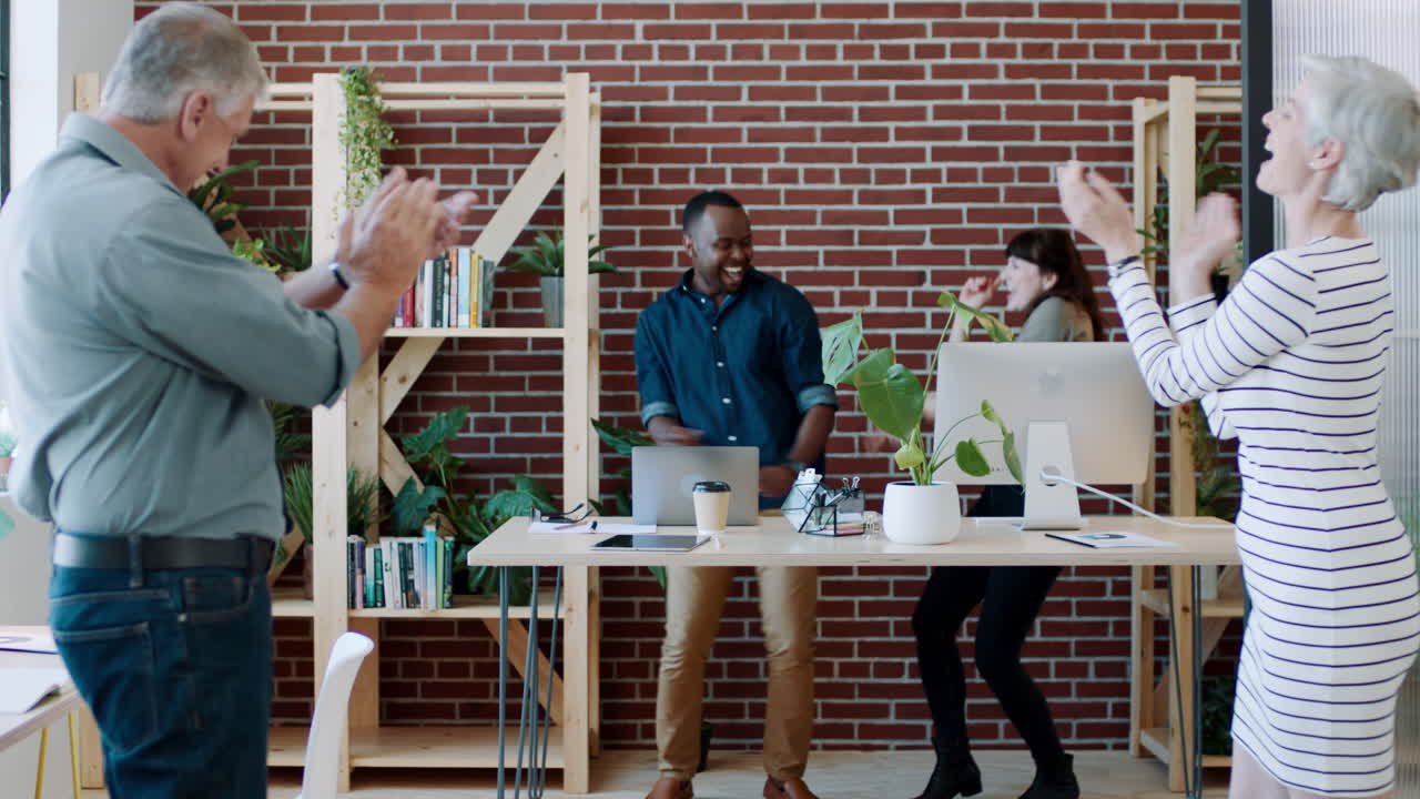 Business people, dancing or clapping in success