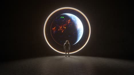 astronaut looking through a portal to space