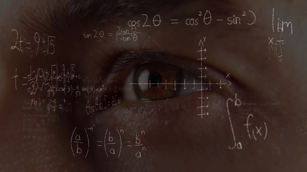 hombre parpadeando los ojos sobre ecuaciones matemáticas.