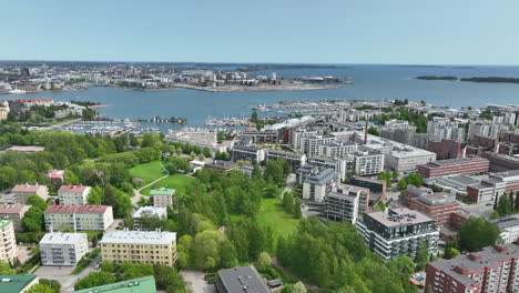 parks and condos in the lauttasari district, springtime in helsinki - aerial view