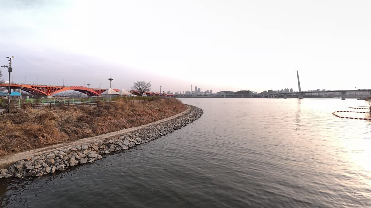 Han River Under The Seongsan Bridge In South Korea - Panning Shot