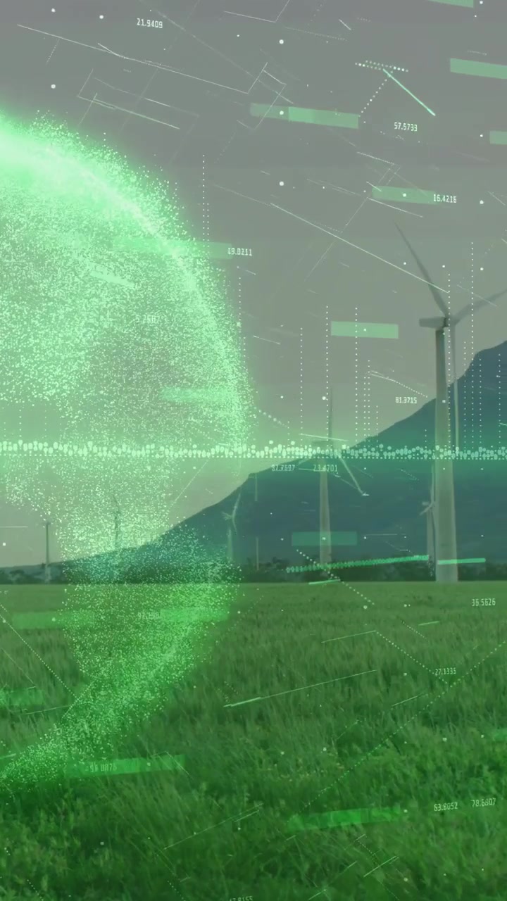Vertical video: Holographic globe emerging left and sweeping over turbines, mapping energy data