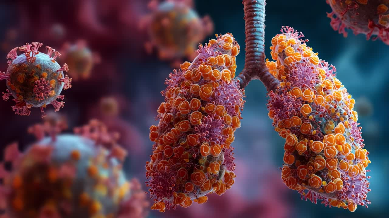 A Detailed View of Lungs Reacting to Pathogens, Illustrating Cellular Interaction in a Vibrant Microscopic Environment Rich with Virus Particles and Immune Responses