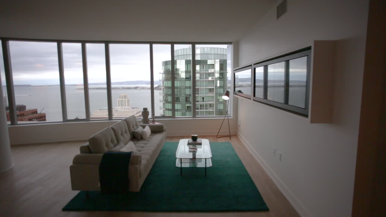 Modern Apartment Living Room with City and Bay Views