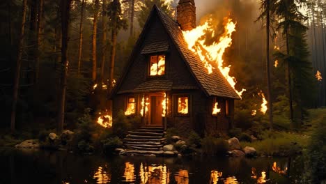 a small cabin in the middle of a forest on fire